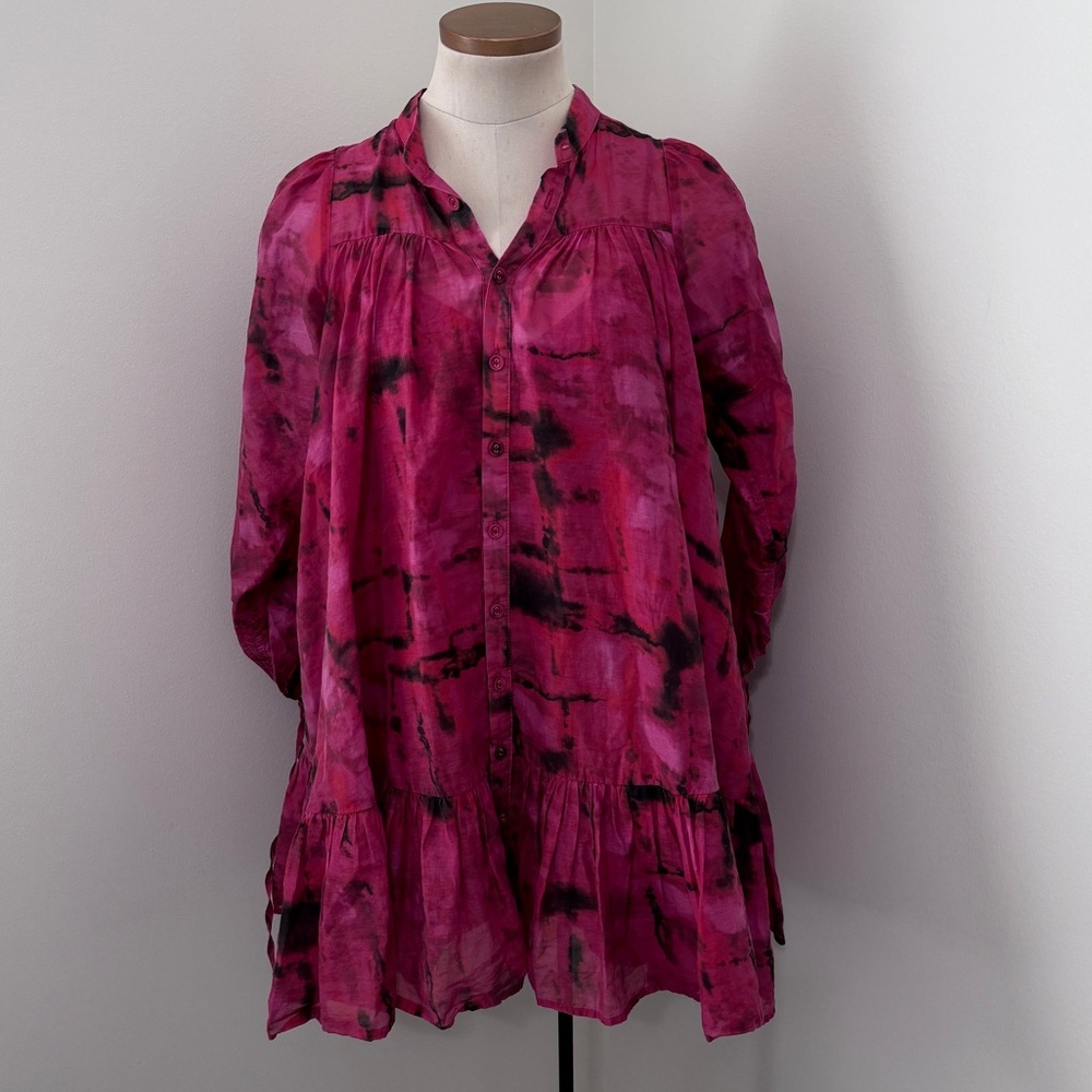 Aureta XS Oversized Mini Dress ~ Pink‎ Black Tie Dye Abstract Babydoll